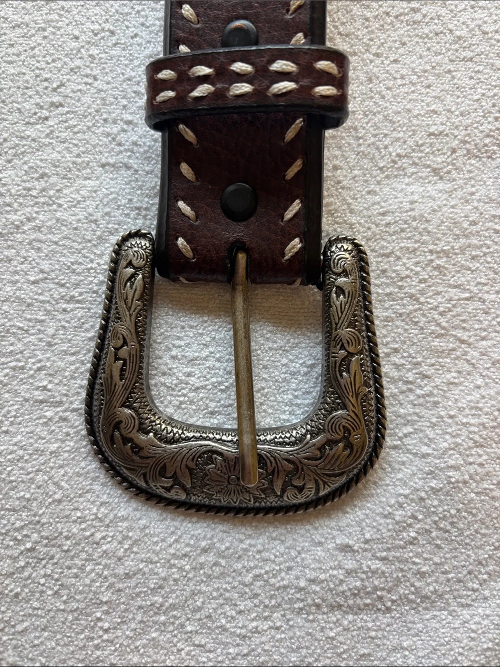 Western Style 42” Brown Leather Belt with Silver Buckle